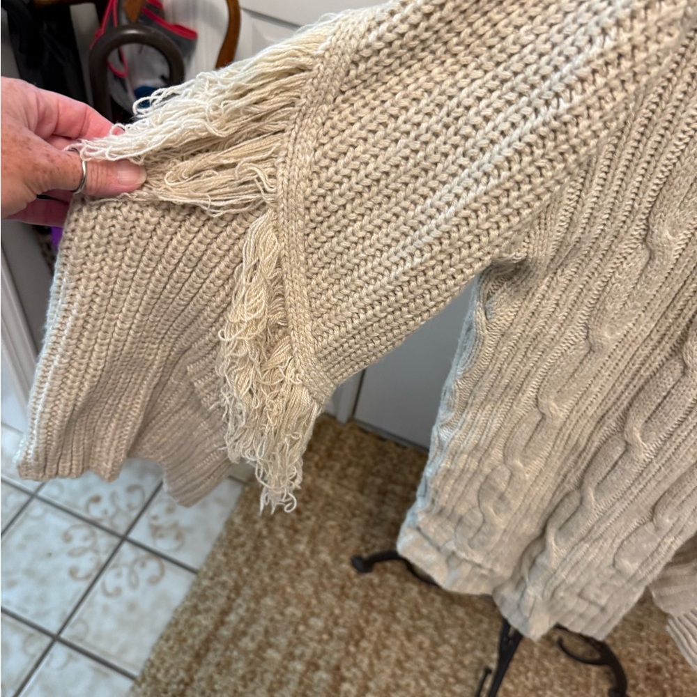 Cato Boho Beige Chunky Cable Knit Open Front Cardigan Sweater w Fringe 22W 24W - Picture 5 of 9